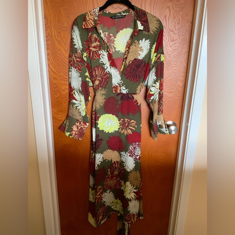 Zara Floral Print Midi Dress/Green,Red, Beige Floral/Women’s Size Large